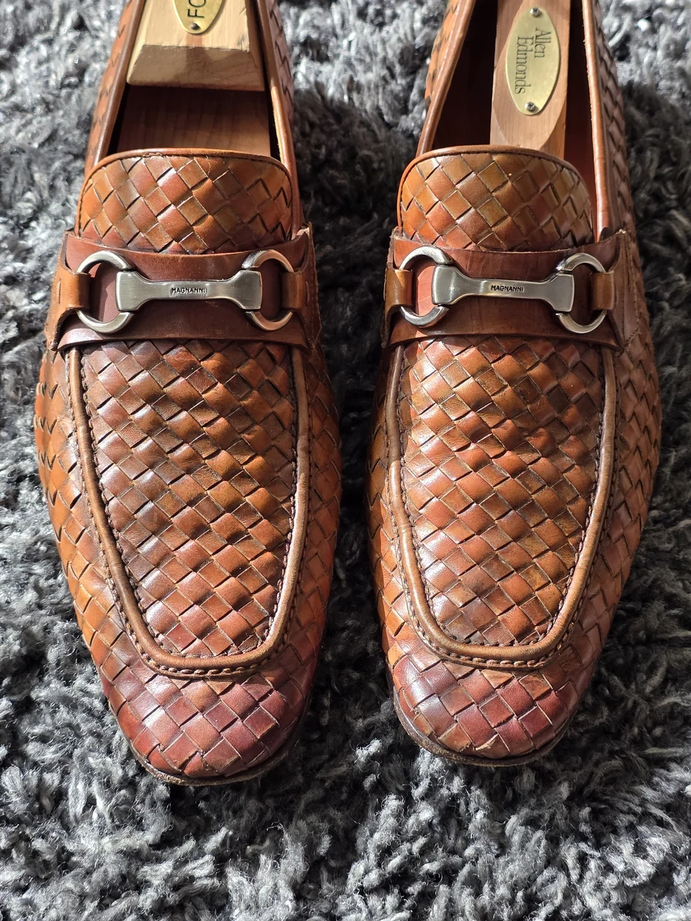 Magnanni Men’s Woven Leather Bit Loafers in Cognac Brown Size 9.5